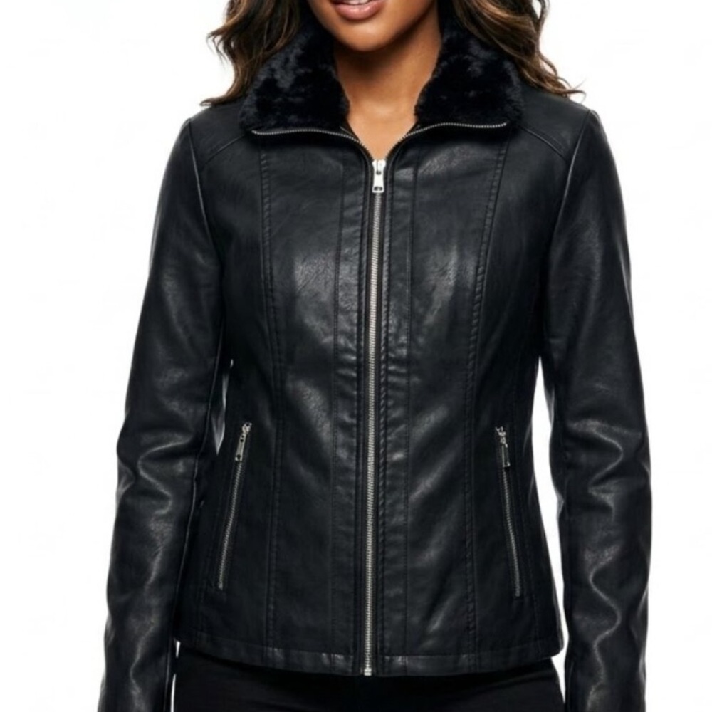 BACCINI Vegan Leather Fur Collar Jacket - Dark Academia Noir Biker Sz Large